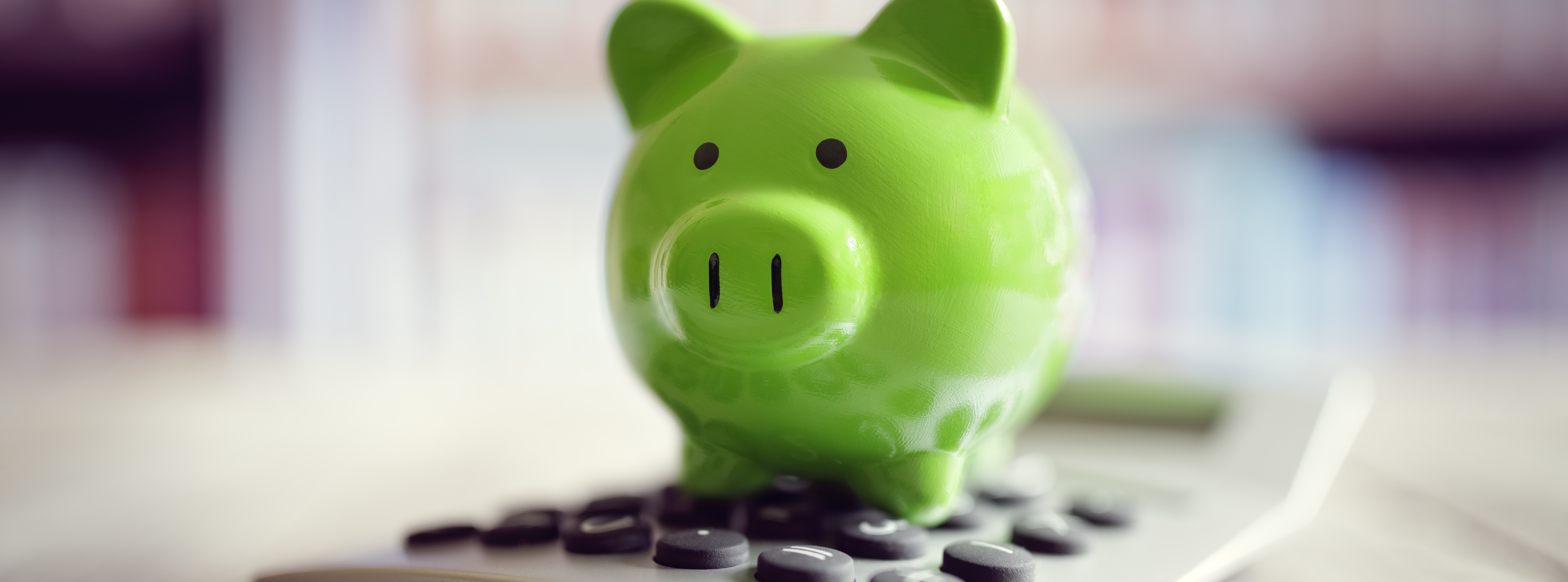 Green piggy bank sitting atop a calculator