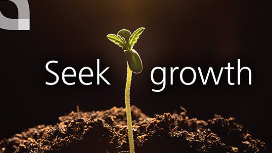 Seek growth written over image of sprout highlighted with ray of light in darkness