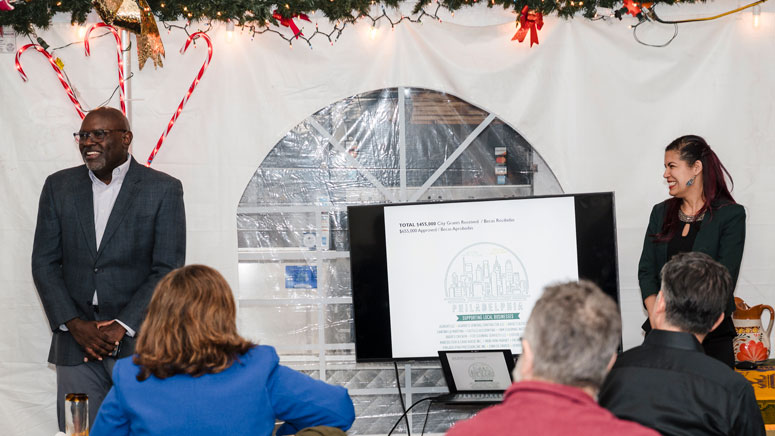 Leonard Dow, Vice President of Community and Church Development at Everence, presents with Kersy Azocar, President and CEO of Greenline Access Capital.