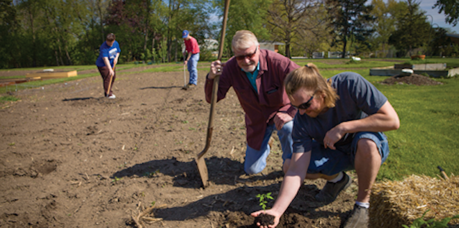 Man and woman setting a plant in good soil