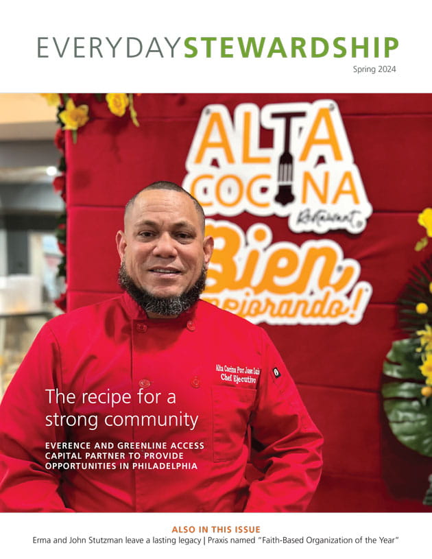 Cover of Everyday Stewardship with man in red standing in front of his restaurant Alta Cocina