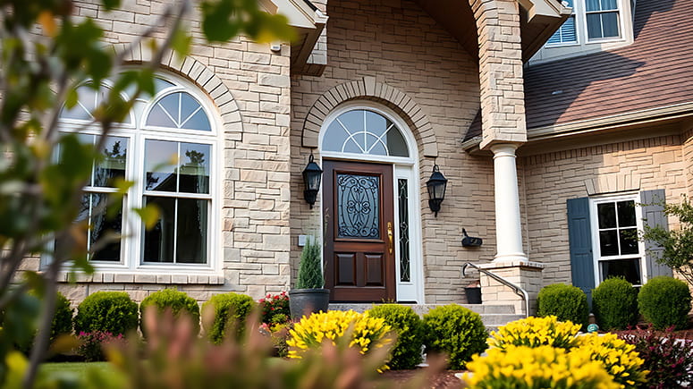 Front of a stone house with well manicured yard