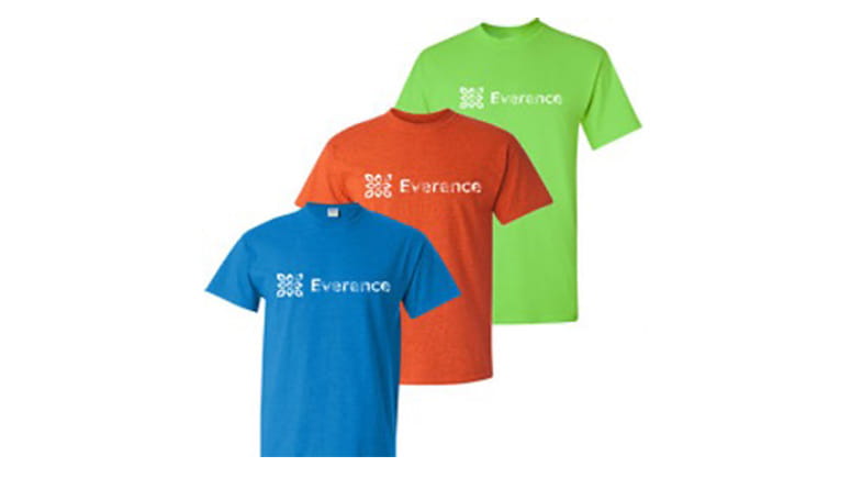 Adult Everence branded t-shirts in blue, orange, and green.