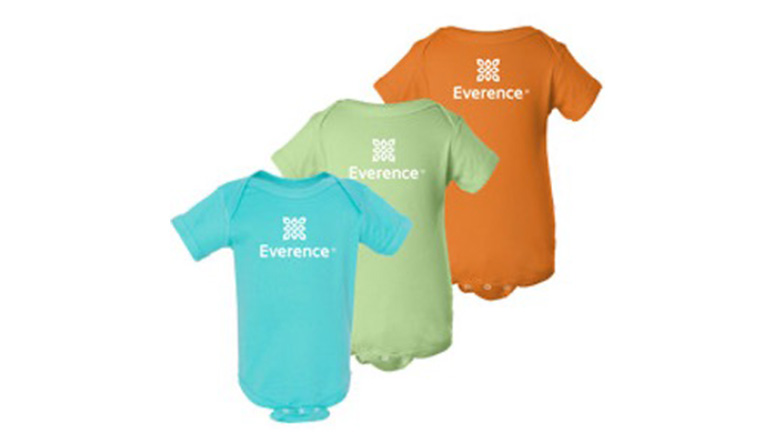 Three baby 6-month old onesies in blue, green, and orange.