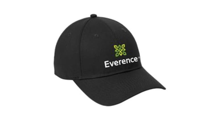 Black ball cap with green and white everence logo.