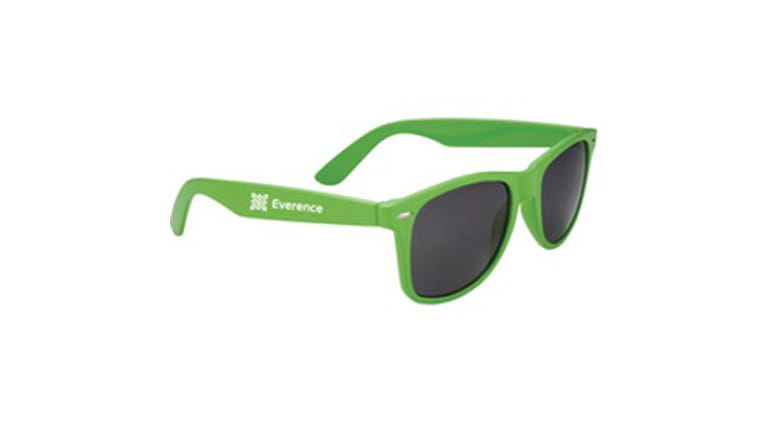 Bright green sunglasses with white Everence logo on the side.