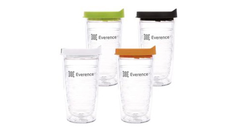 Clear Tervis tumblers with white, green, orange, and black lids.