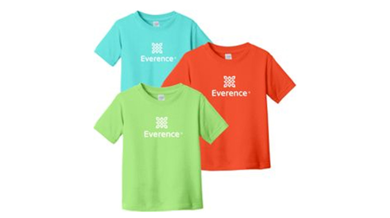 Toddler t-shirts with Everence logo on the front in green, orange, and blue.