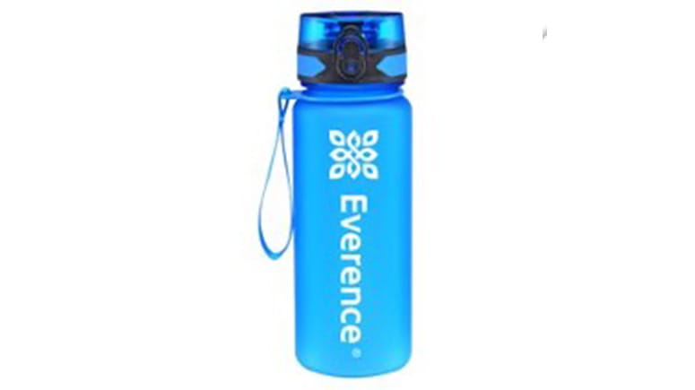 Blue water bottle with Everence logo.