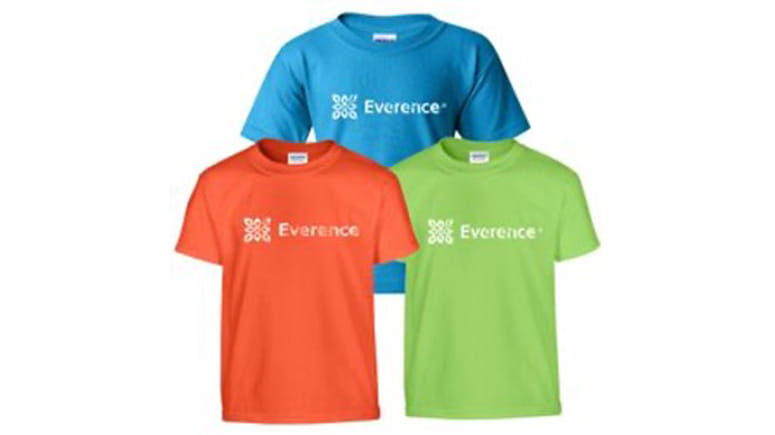 Youth t-shirts in orange, green, and blue with an Everence logo.