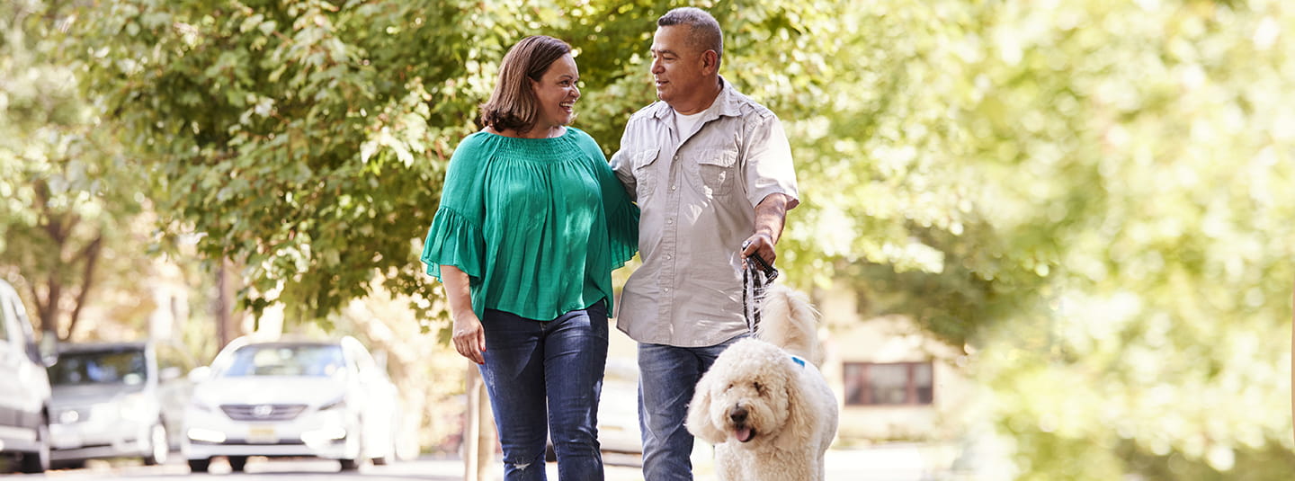 Couple Walking Dog 