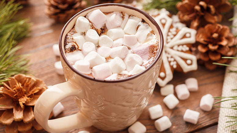 A mug of hot chocolate with mini marshmallows.