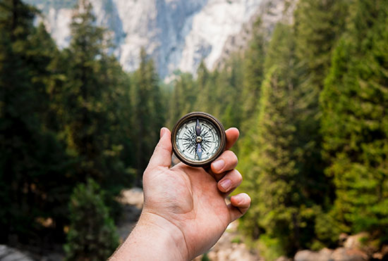 Hand holding compass up in front of mountain forest.