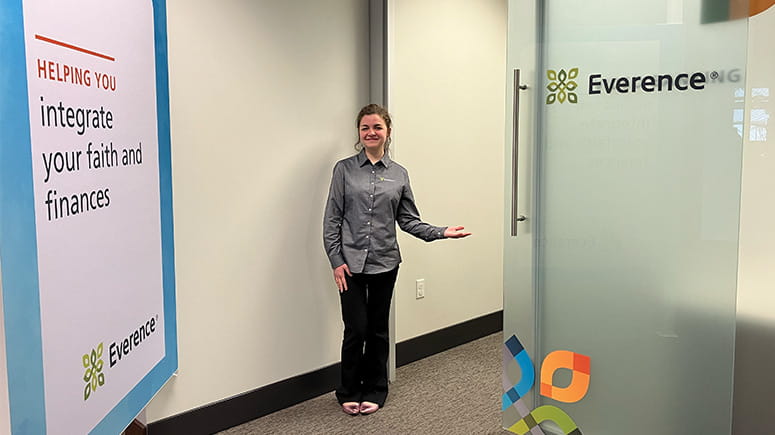 Everence employee displays the entrance of the video banking room at the Mount Joy Everence Federal Credit Union branch.