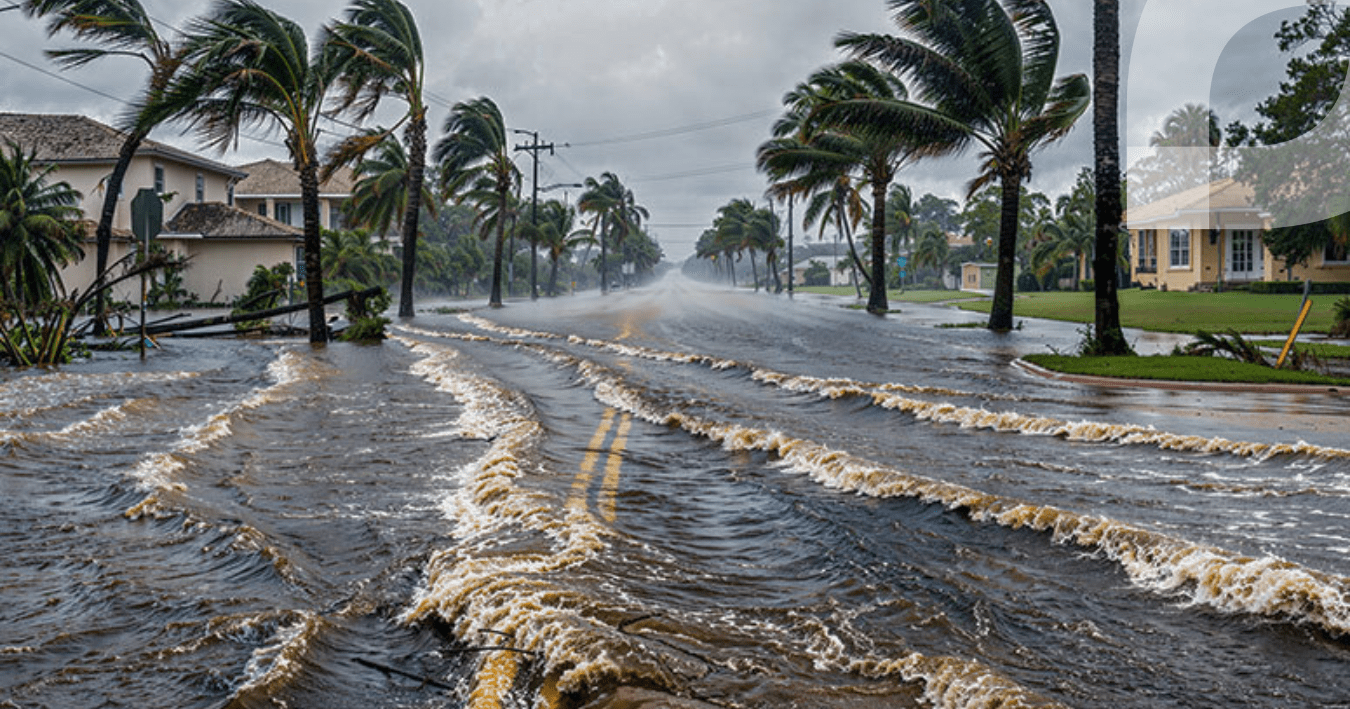 Homes on flooded street during a hurricane, tropical storm, Florida