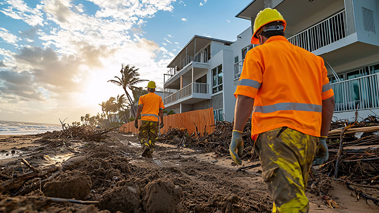 Two Construction Workers Survey Damage After Hurricane.