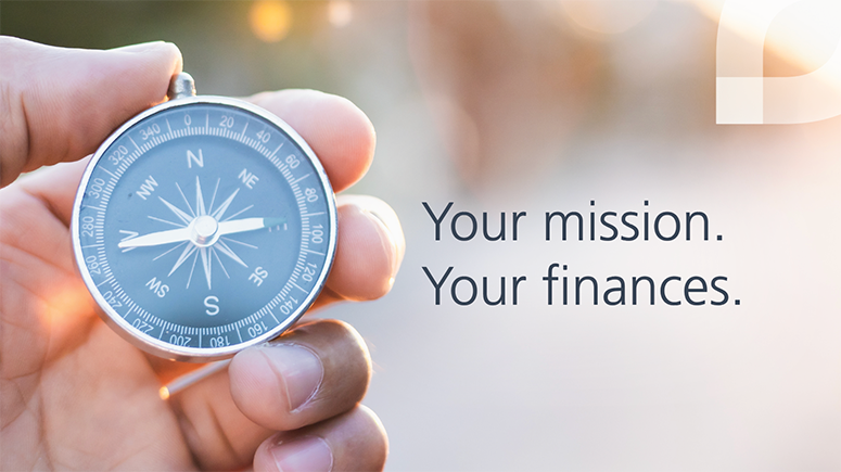 Text that reads, Your mission. Your finances. With a CTA button to learn more. Close up image of a hand holding a compass and the Everence logo.