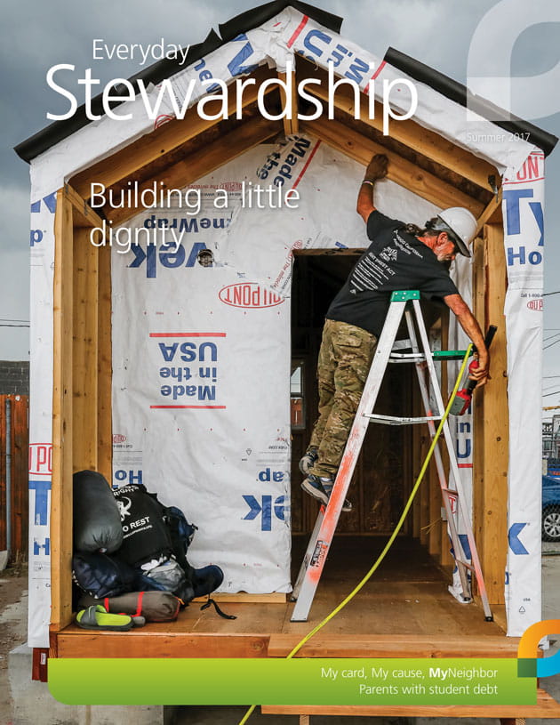 Everyday Stewardship cover of man building tiny home.