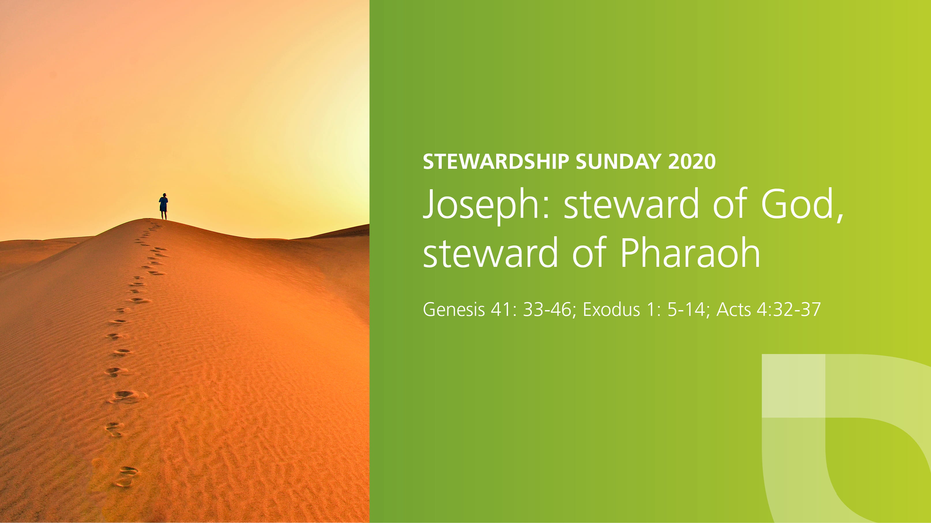 Stewardship resource theme verse backed by green Everence logo with footprints in the sand.